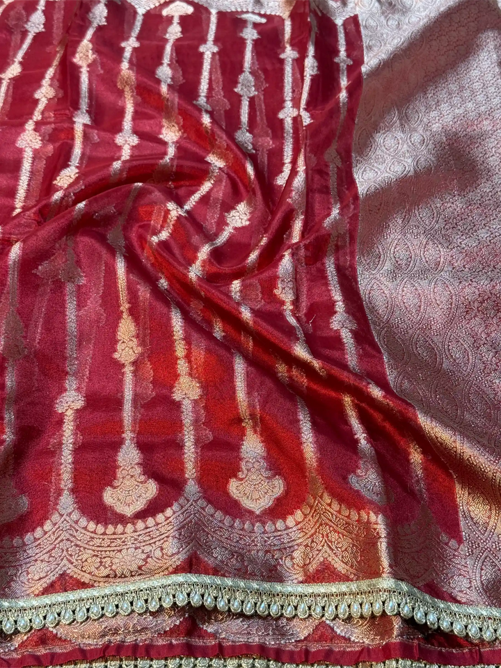 Carmine Red Soft Tissue Silk Lace Work Designer Banarasi Saree
