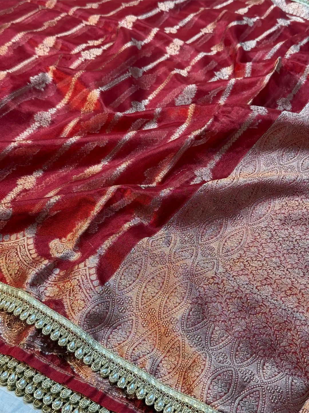 Carmine Red Soft Tissue Silk Lace Work Designer Banarasi Saree