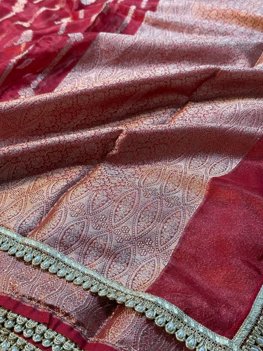 Carmine Red Soft Tissue Silk Lace Work Designer Banarasi Saree