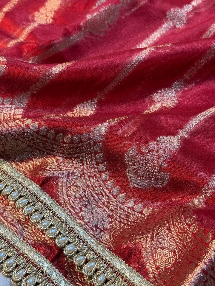Carmine Red Soft Tissue Silk Lace Work Designer Banarasi Saree