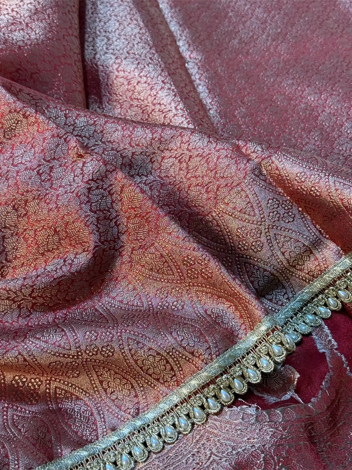 Carmine Red Soft Tissue Silk Lace Work Designer Banarasi Saree