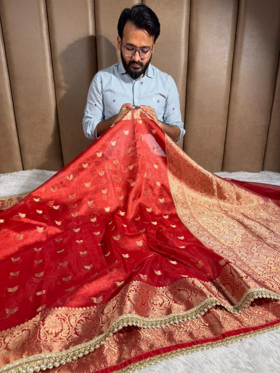 Carmine Red Tissue Silk Designer Lace Work Banarasi Saree