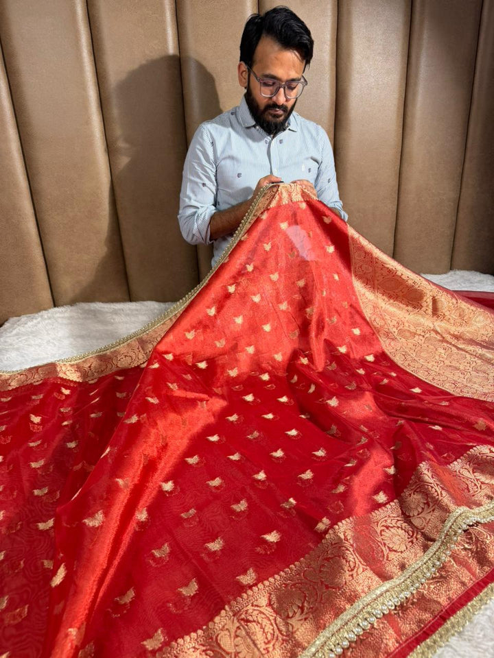 Carmine Red Tissue Silk Designer Lace Work Banarasi Saree
