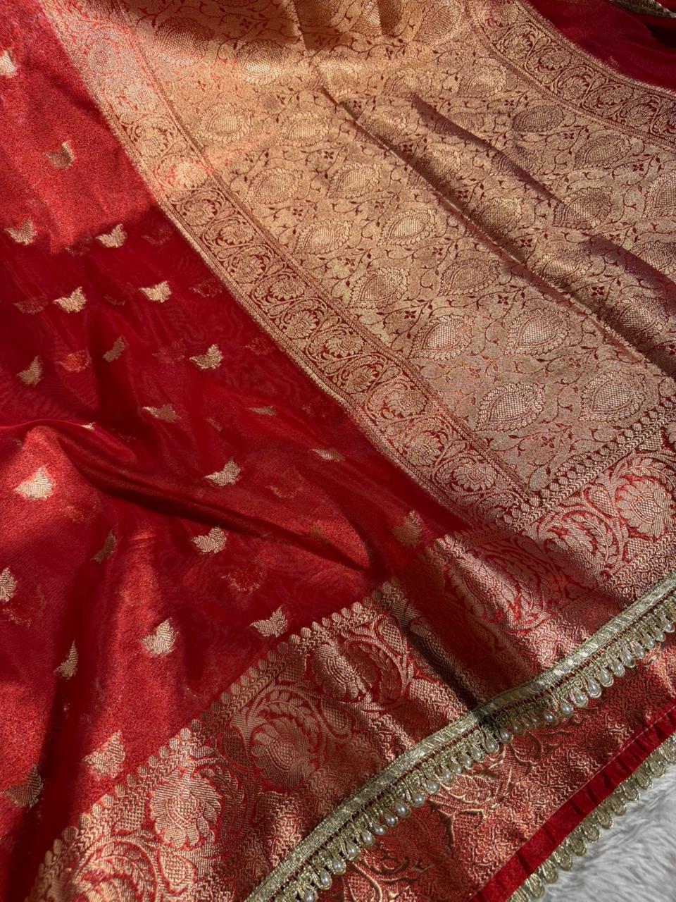 Carmine Red Tissue Silk Designer Lace Work Banarasi Saree