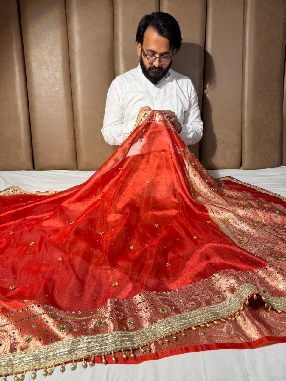 Carmine Red Kora Tissue Viral Ghungroo Saree