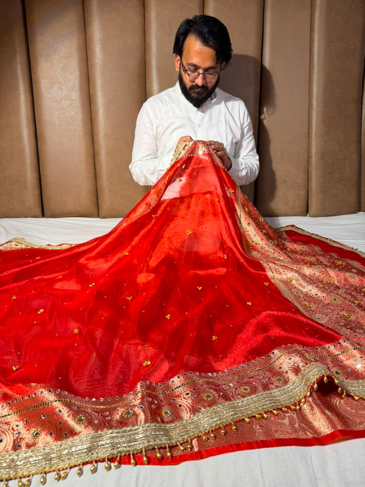 Carmine Red Kora Tissue Viral Ghungroo Saree