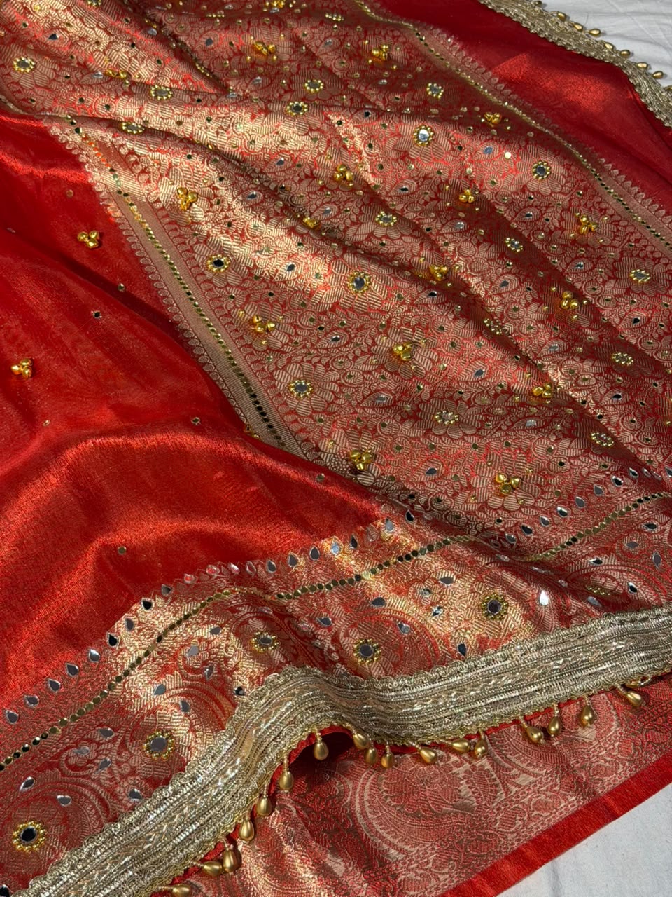 Carmine Red Kora Tissue Viral Ghungroo Saree