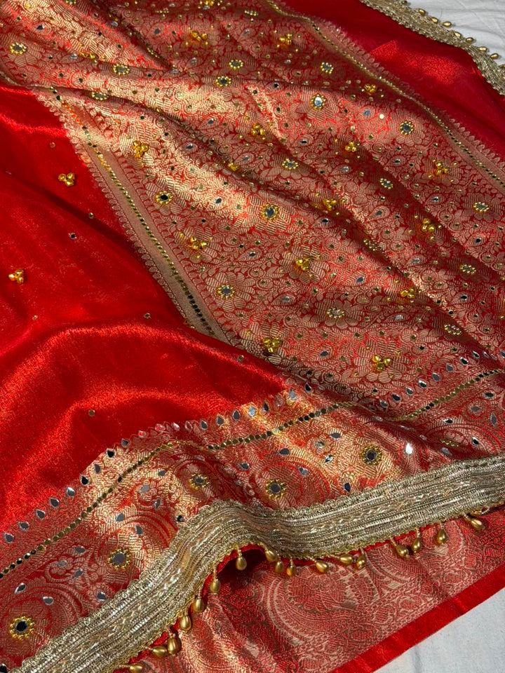 Carmine Red Kora Tissue Viral Ghungroo Saree