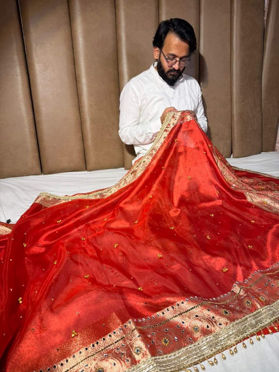 Carmine Red Kora Tissue Viral Ghungroo Saree