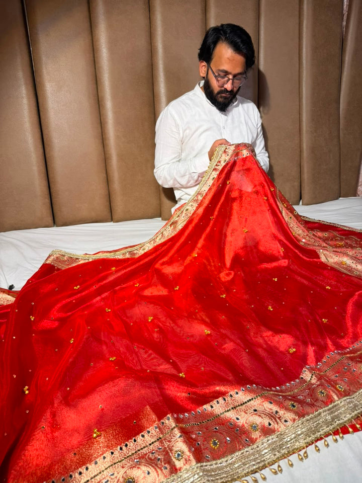 Carmine Red Kora Tissue Viral Ghungroo Saree