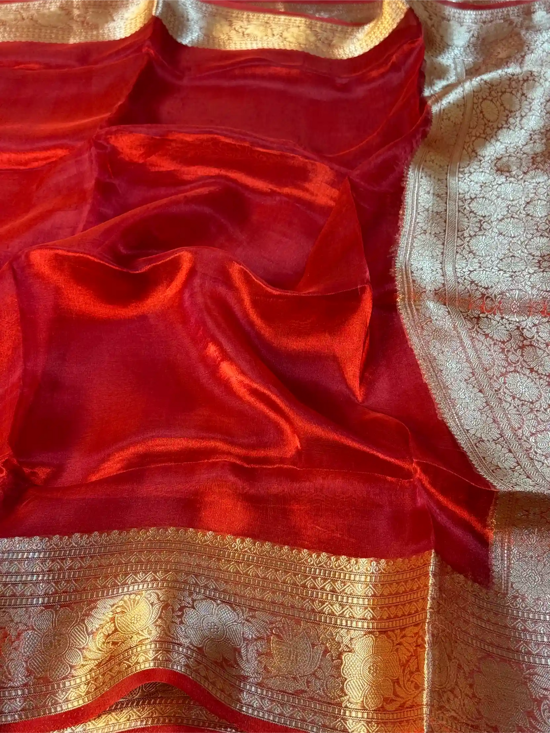 Carmine Red Pure Tissue Silk Banarasi Saree