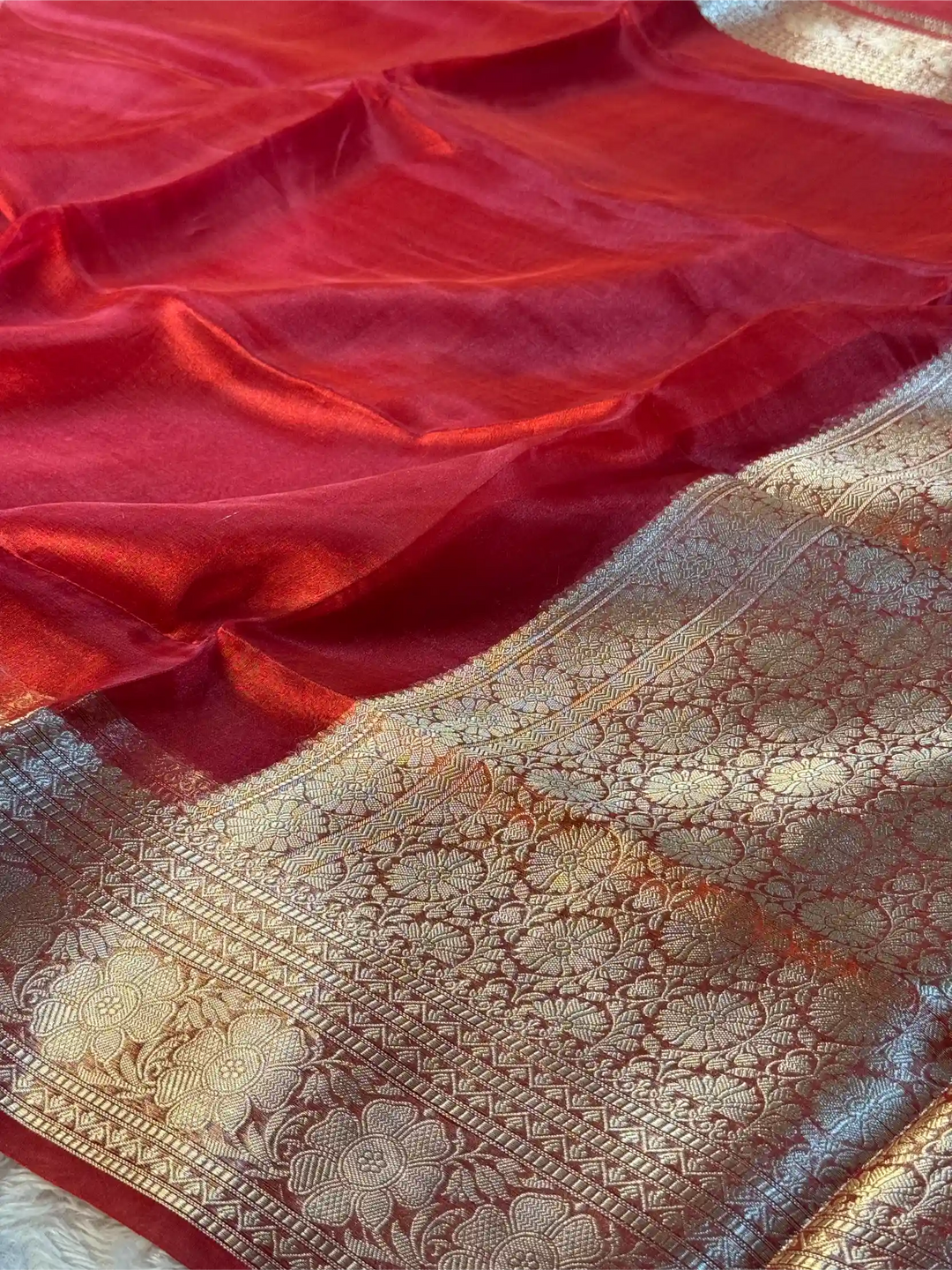 Carmine Red Pure Tissue Silk Banarasi Saree