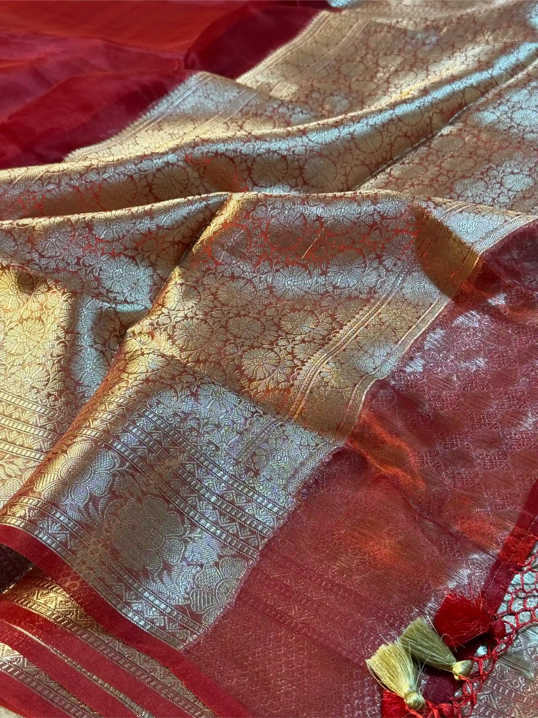 Carmine Red Pure Tissue Silk Banarasi Saree