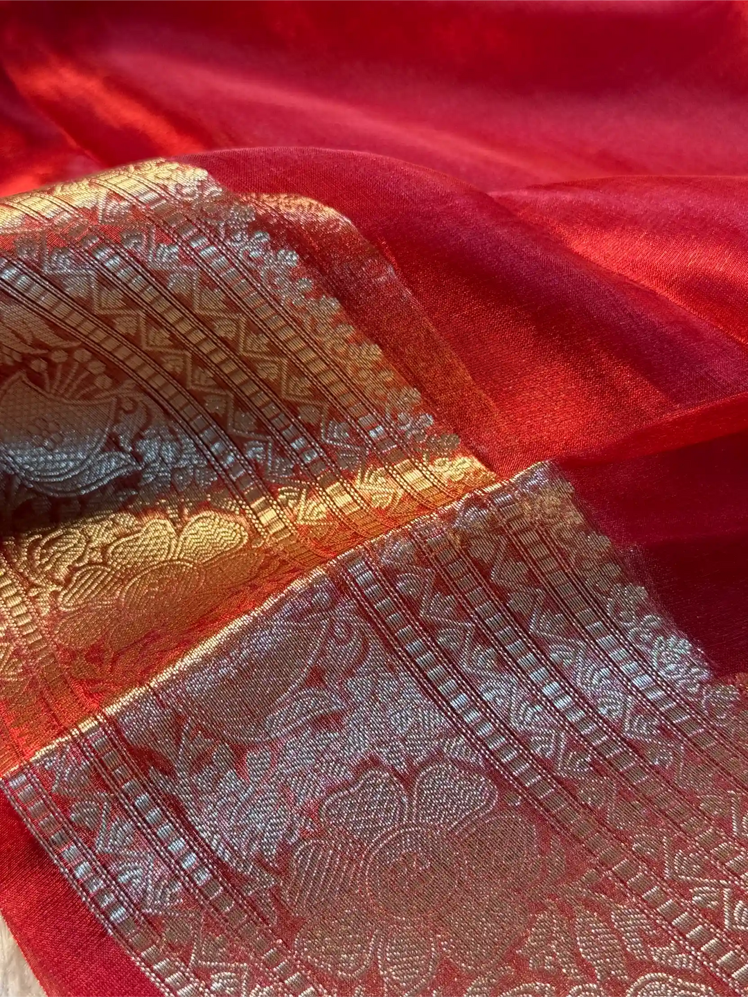 Carmine Red Pure Tissue Silk Banarasi Saree