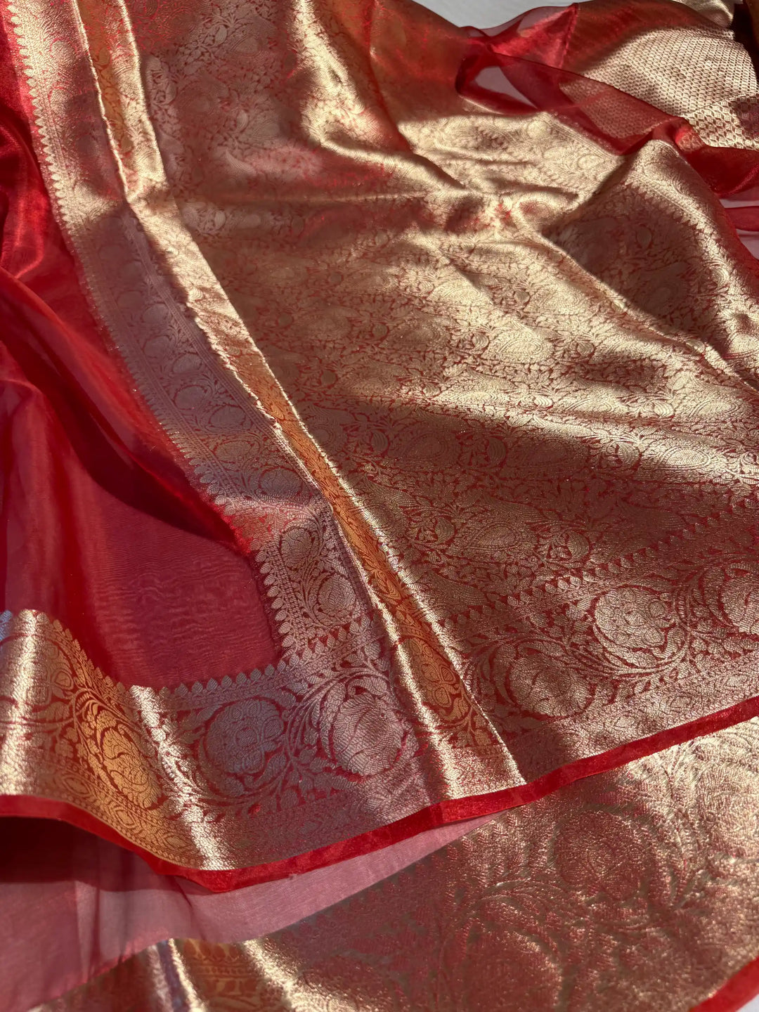 Carmine Red Pure Tissue Silk Border Saree