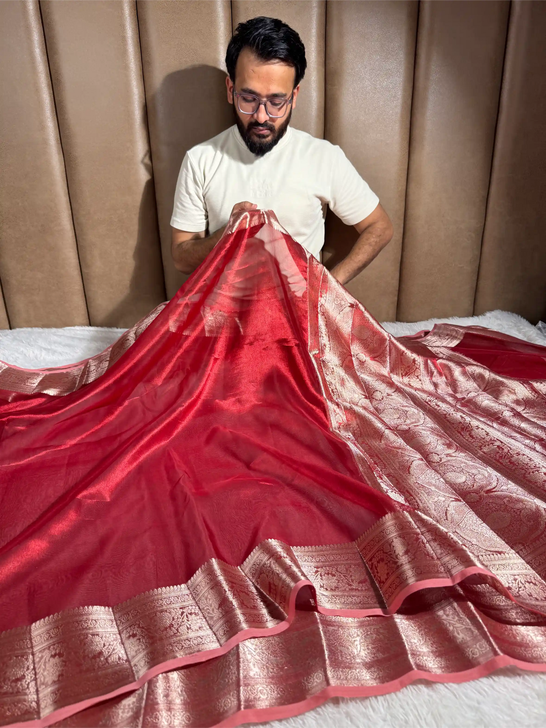 Carmine Red Pure Tissue Silk Intricate Banarasi Saree