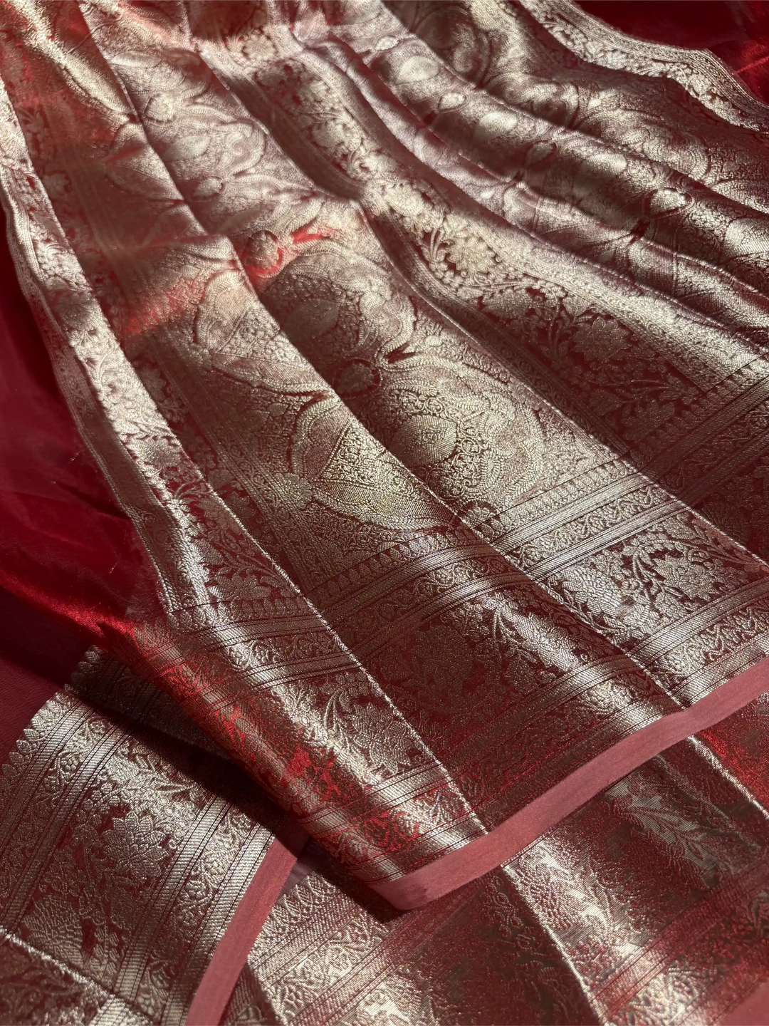 Carmine Red Pure Tissue Silk Intricate Banarasi Saree