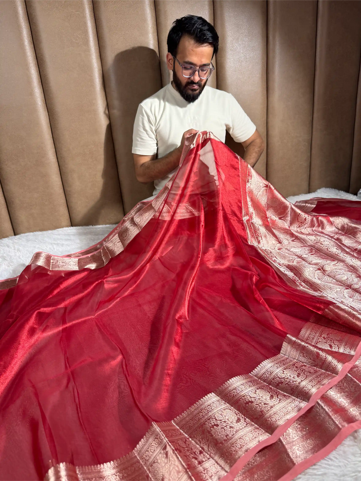 Carmine Red Pure Tissue Silk Intricate Banarasi Saree