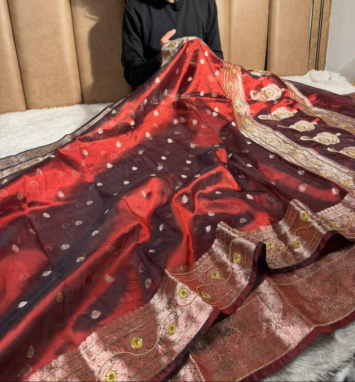 Carmine maroon Kora tissue premium handwork saree