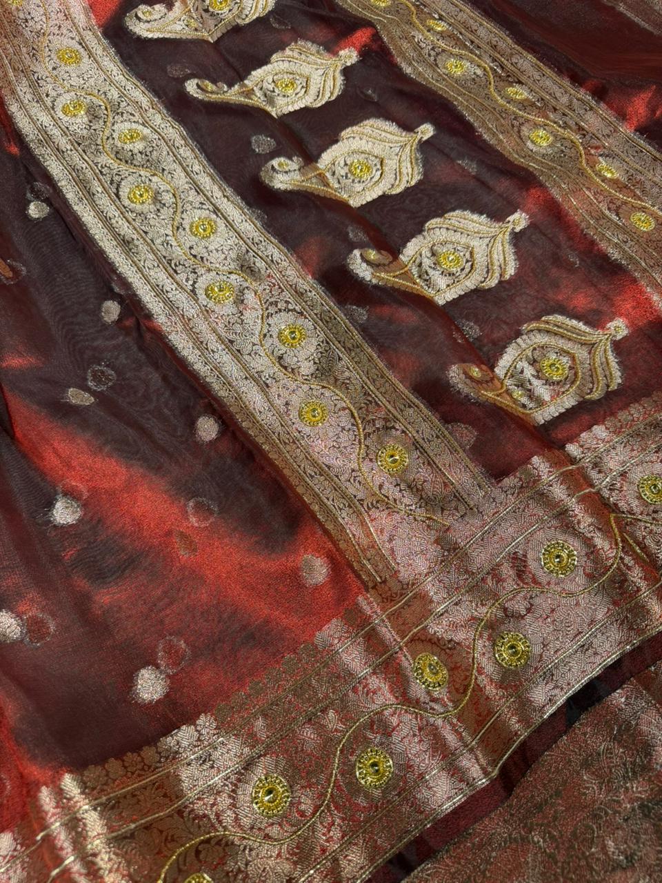 Carmine maroon Kora tissue premium handwork saree