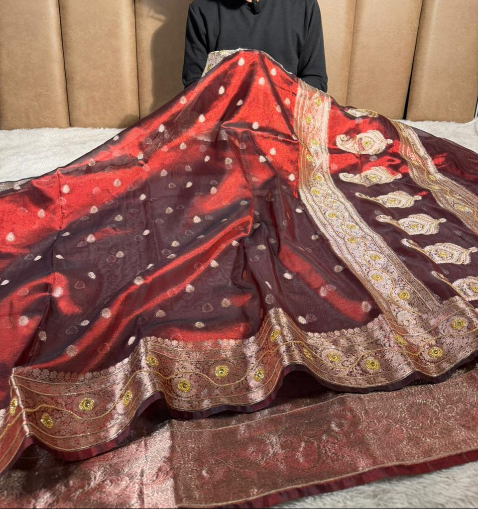 Carmine maroon Kora tissue premium handwork saree