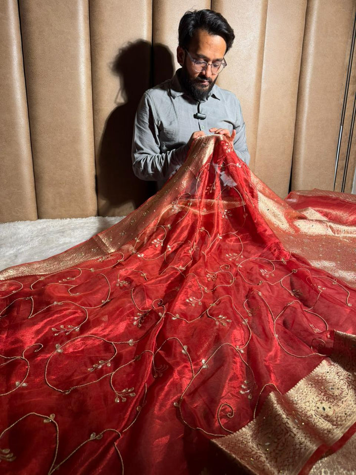 Carmine red pure tissue silk premium handwork saree