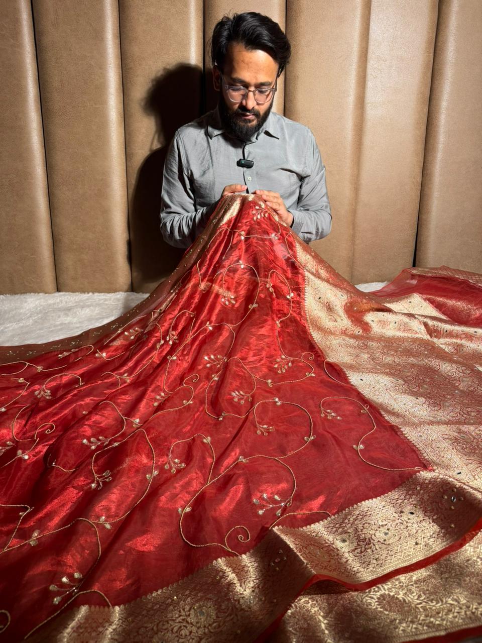 Carmine red pure tissue silk premium handwork saree