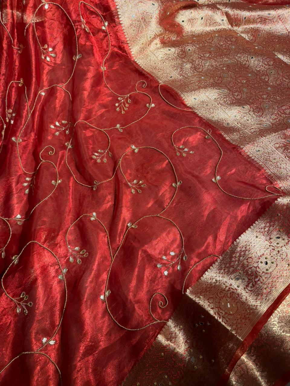 Carmine red pure tissue silk premium handwork saree
