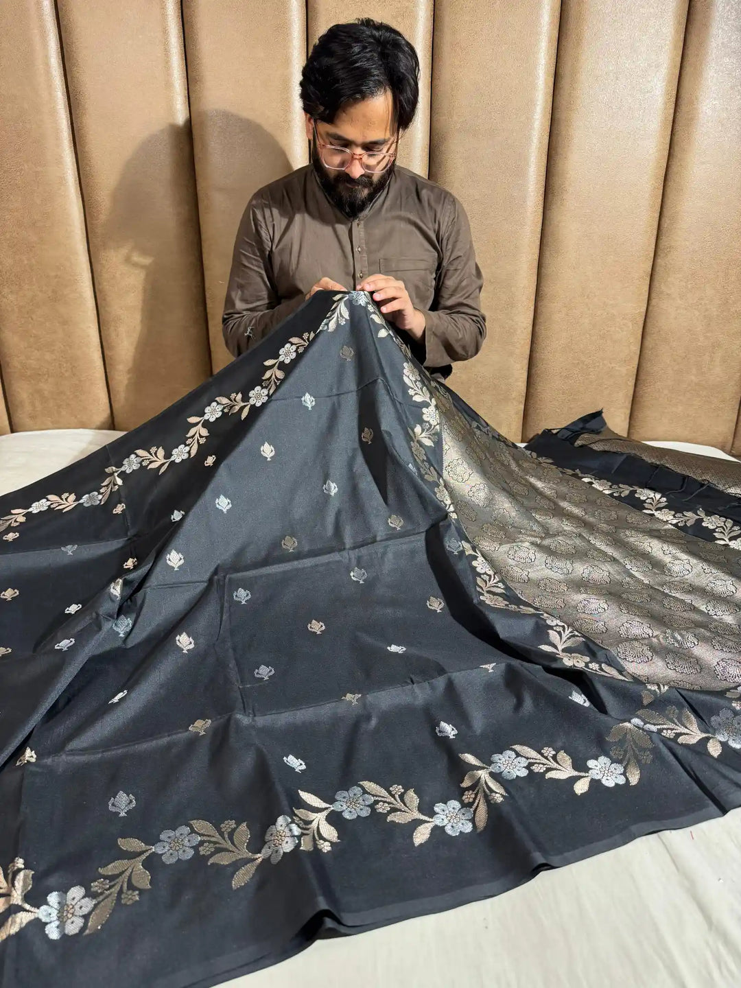 Charcoal Black Pure Chiniya silk saree with rich pallu and blouse 