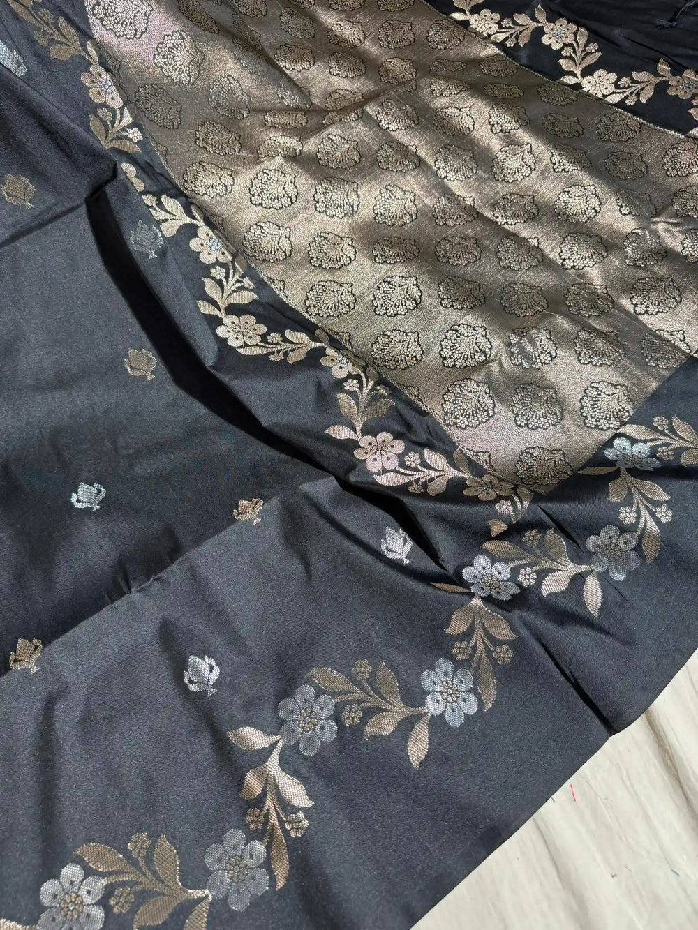 Charcoal Black Pure Chiniya silk saree with rich pallu and blouse 