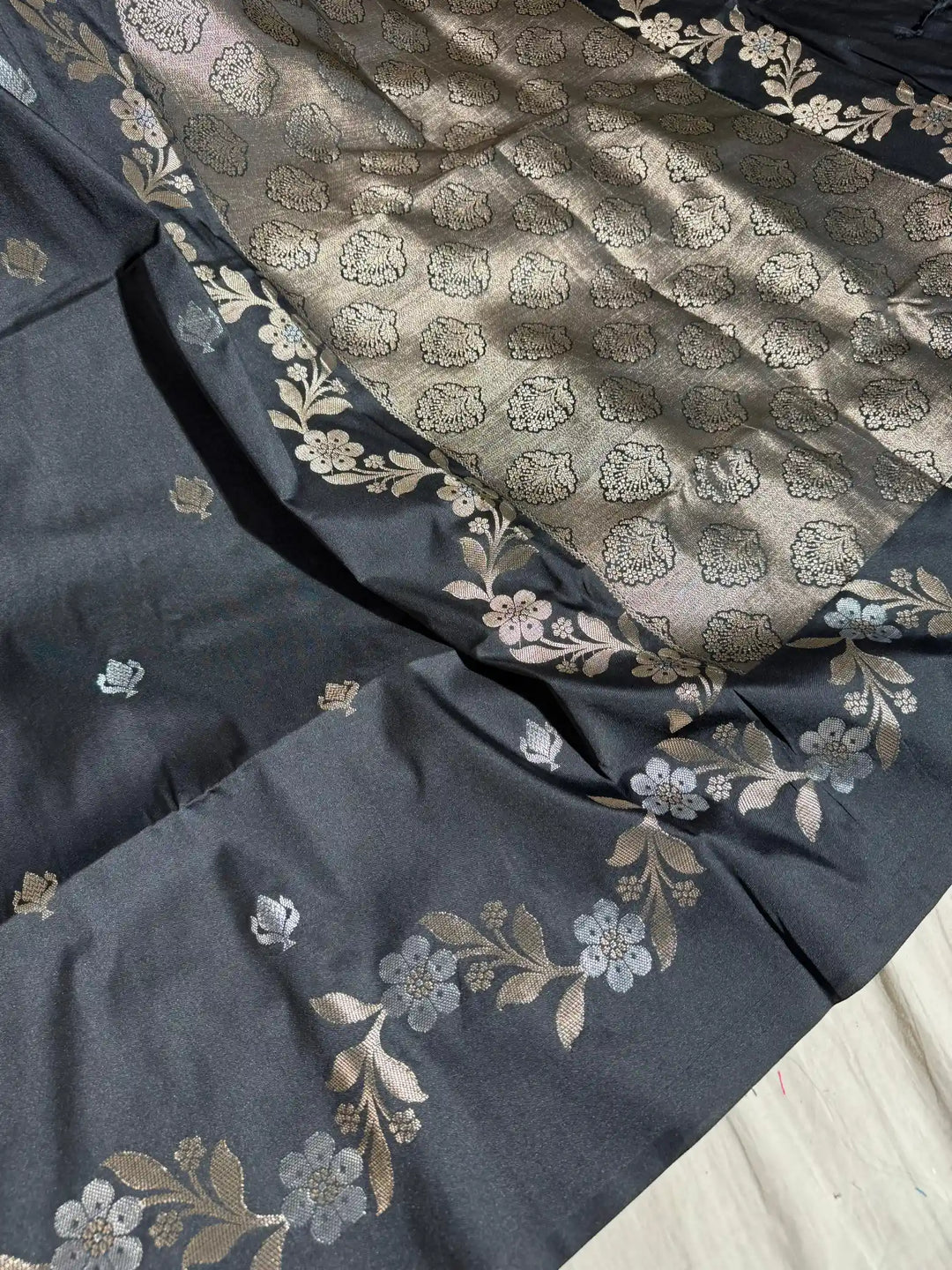 Charcoal Black Pure Chiniya silk saree with rich pallu and blouse 
