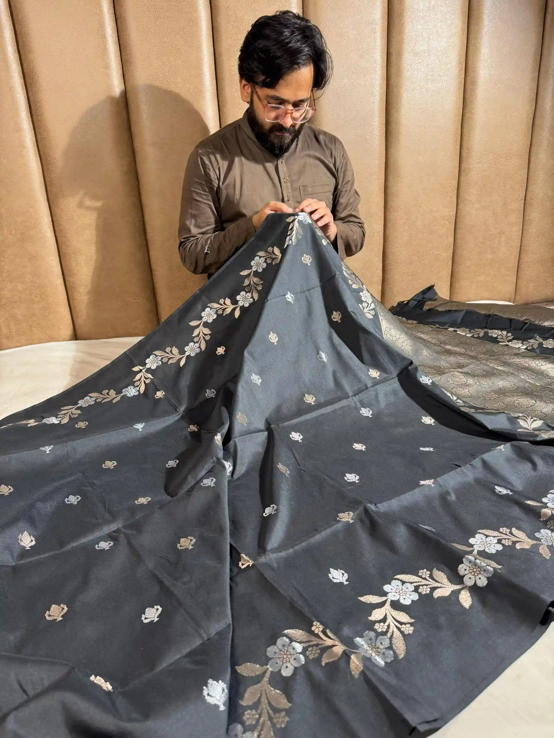Charcoal Black Pure Chiniya silk saree with rich pallu and blouse 