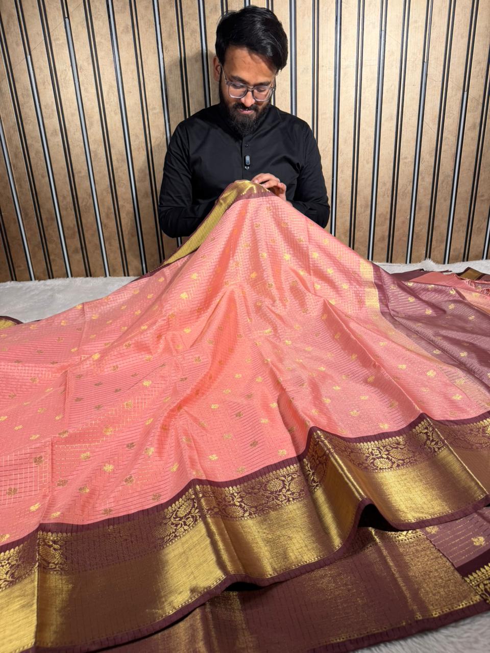 Cherry Peach Kanchi Silk Maheshwari Checks Banarasi Saree