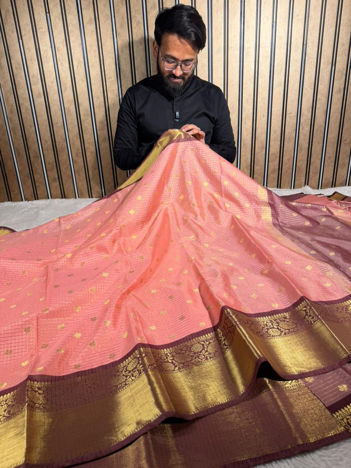 Cherry Peach Kanchi Silk Maheshwari Checks Banarasi Saree