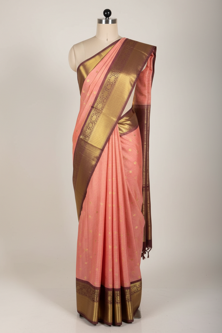 Cherry Peach Kanchi Silk Maheshwari Checks Banarasi Saree