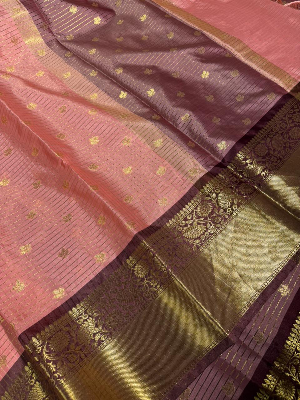 Cherry Peach Kanchi Silk Maheshwari Checks Banarasi Saree