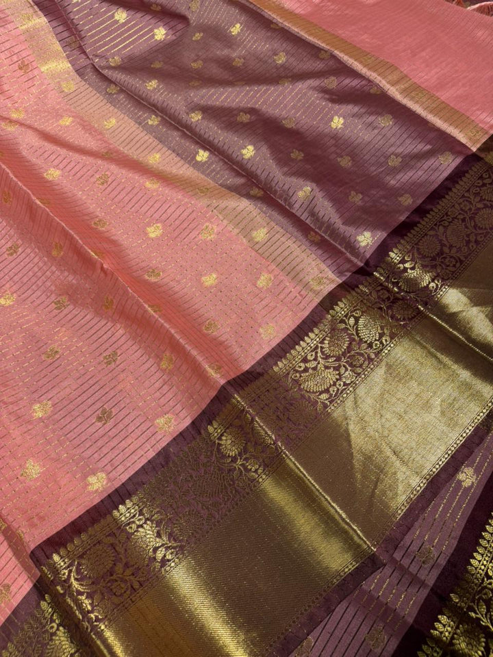 Cherry Peach Kanchi Silk Maheshwari Checks Banarasi Saree