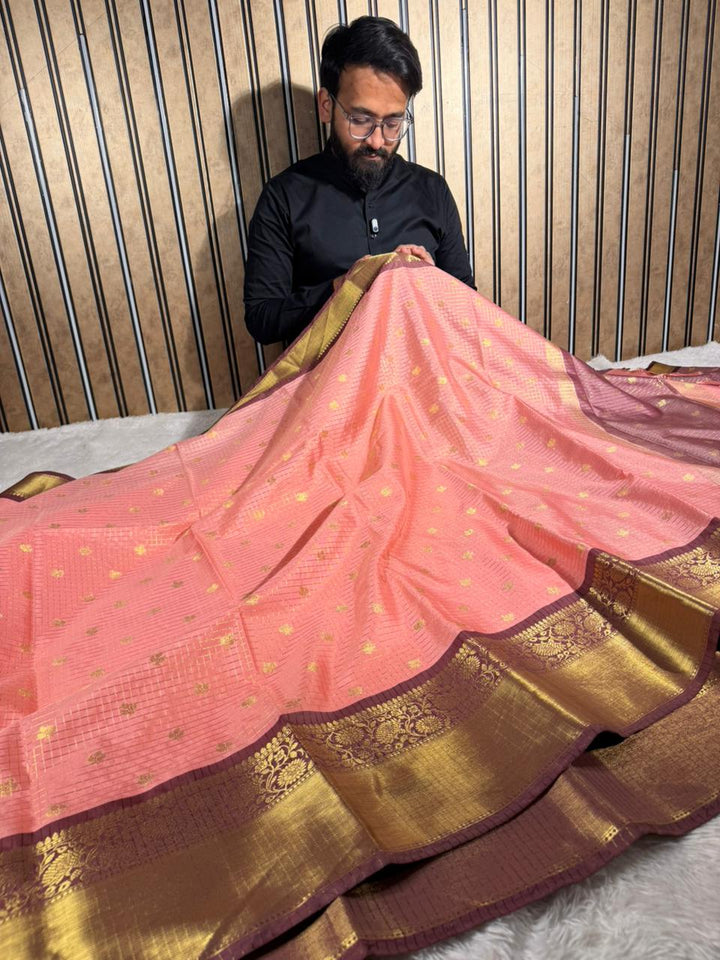 Cherry Peach Kanchi Silk Maheshwari Checks Banarasi Saree