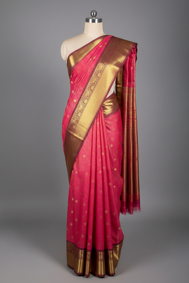 Cherry_Pink_Kanchi_Silk_Maheshwari_Checks_Banarasi_Saree