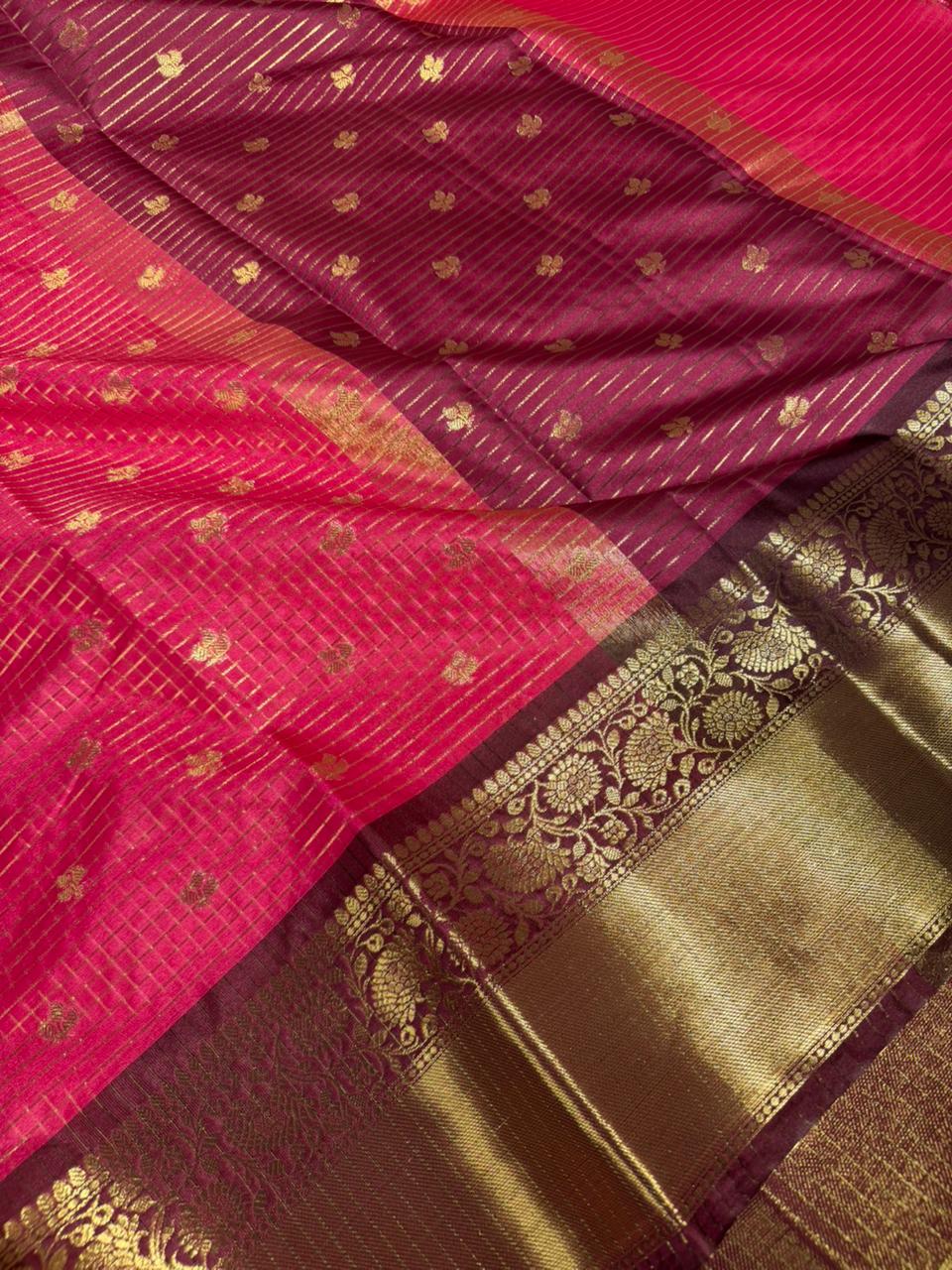 Cherry Pink Kanchi Silk Maheshwari Checks Banarasi Saree