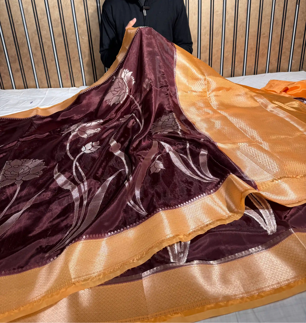 Chocolate Brown Banana Silk Heritage Weave Banarasi saree