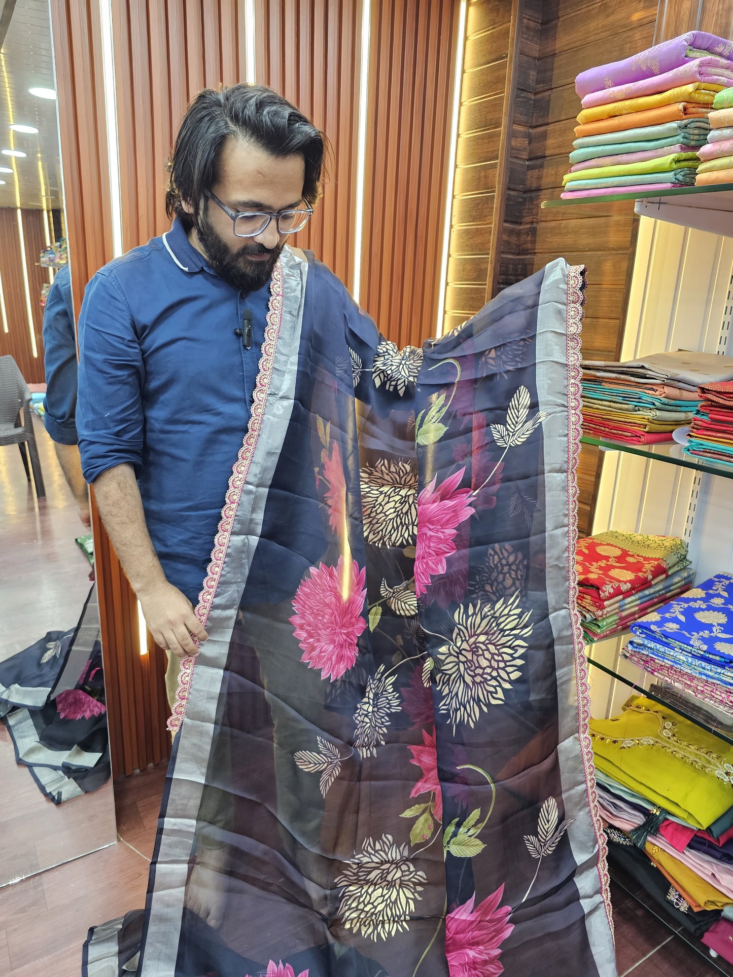 Classic Black Shade Hand Painted Organza Saree