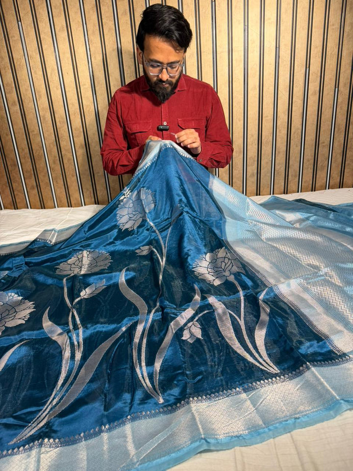 Cobalt Blue Banana Silk Heritage Weave Banarasi Saree