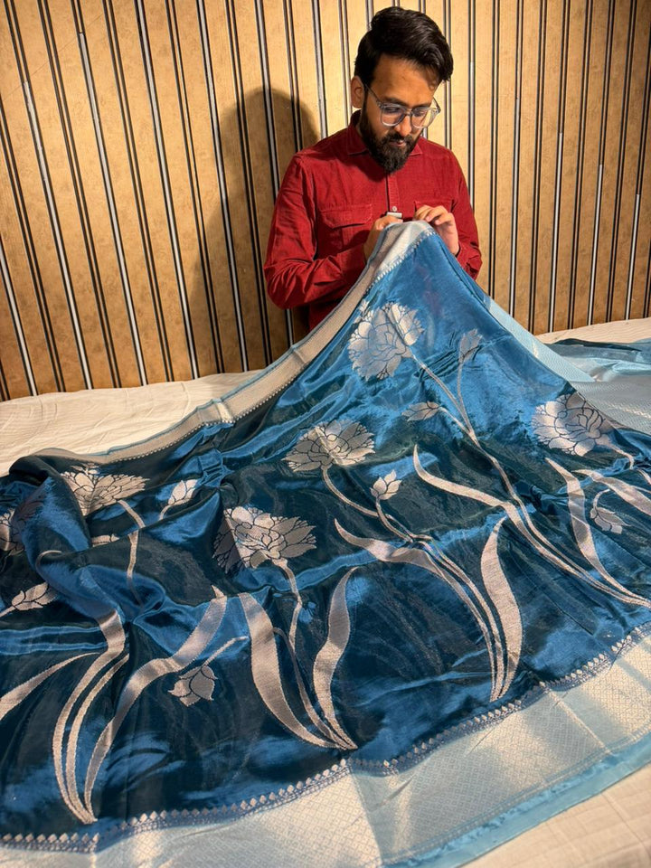 Cobalt Blue Banana Silk Heritage Weave Banarasi Saree