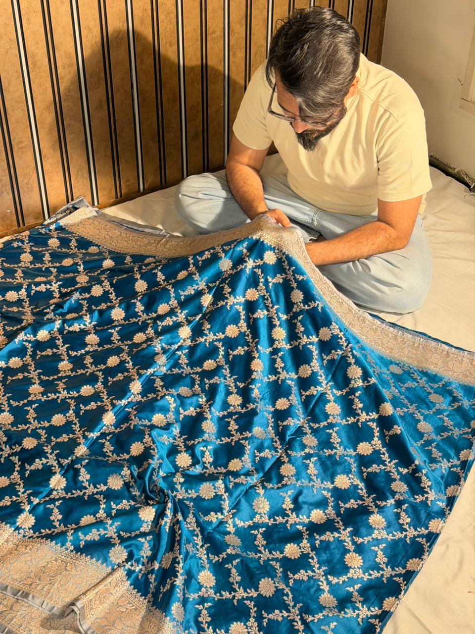 Cobalt Blue Eccentric Mashru Katan Silk Banarasi Saree