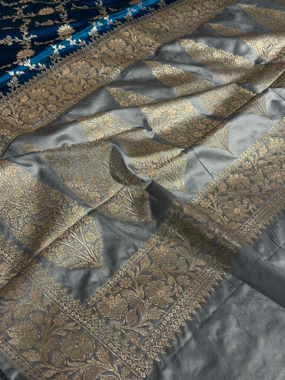 Cobalt Blue Eccentric Mashru Katan Silk Banarasi Saree