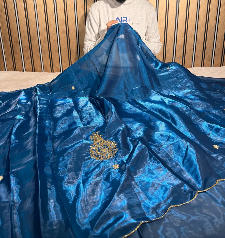 Cobalt Blue Shimmery Tissue Silk Handwork Saree