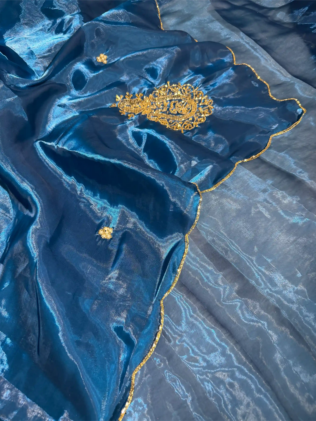 Cobalt Blue Shimmery Tissue Silk Handwork Saree