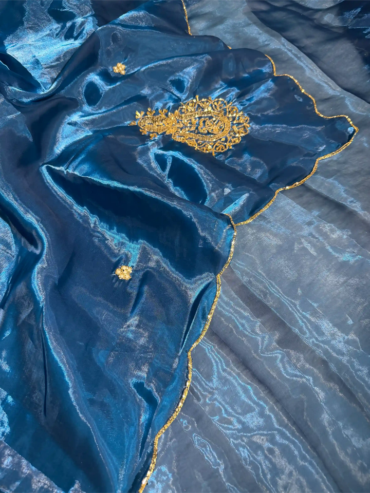 Cobalt Blue Shimmery Tissue Silk Handwork Saree