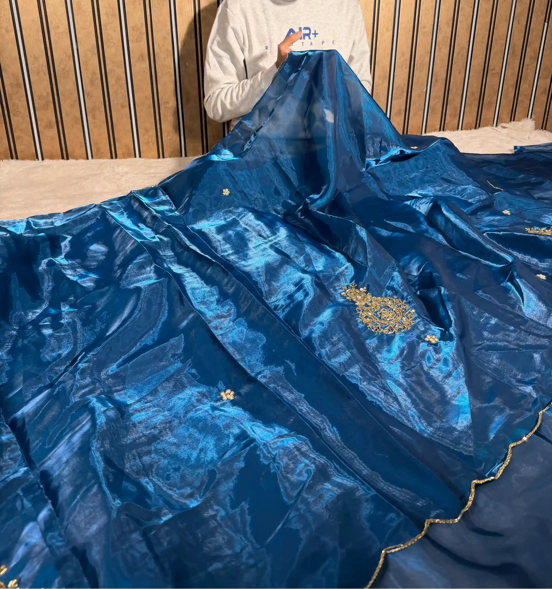 Cobalt Blue Shimmery Tissue Silk Handwork Saree